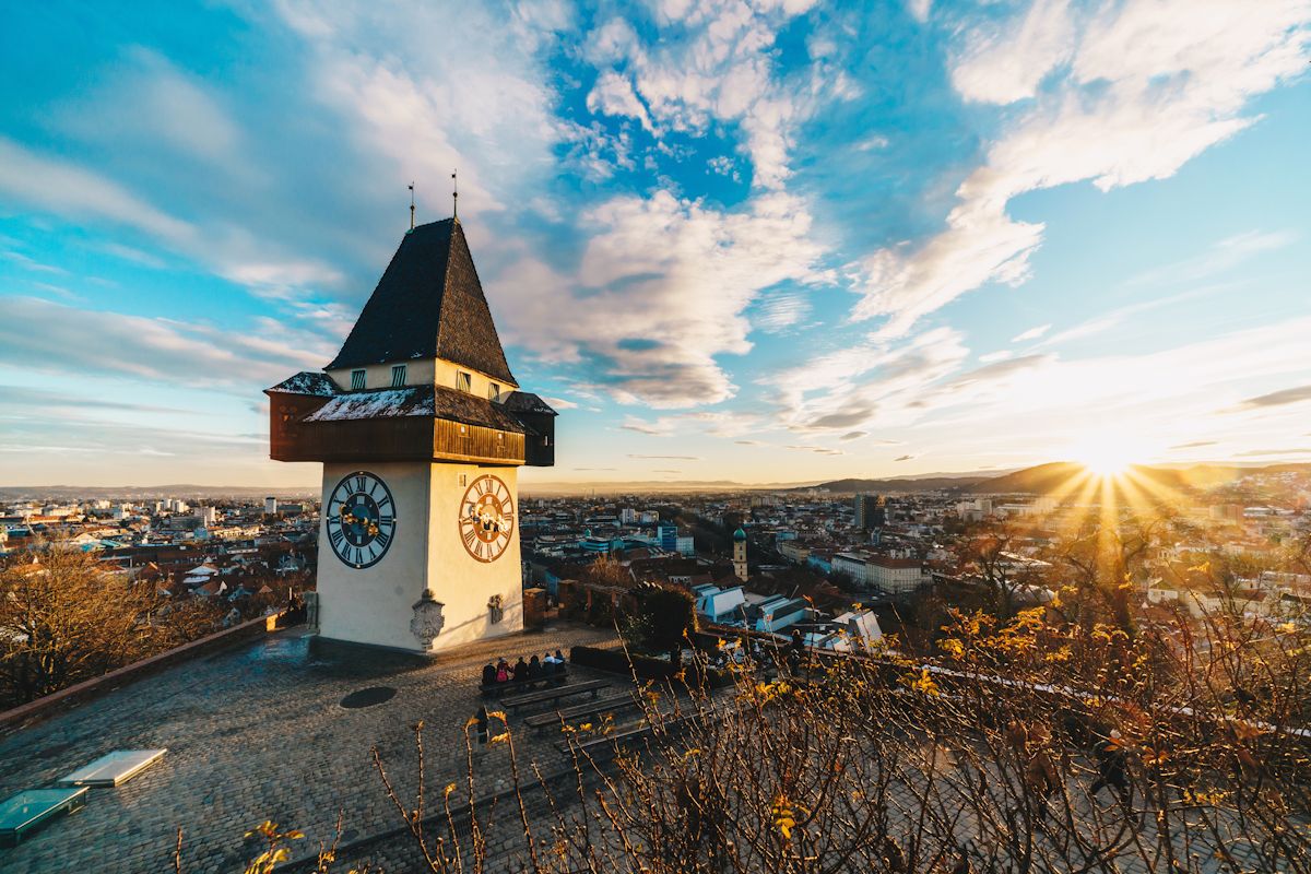 Graz clock tower at sunset